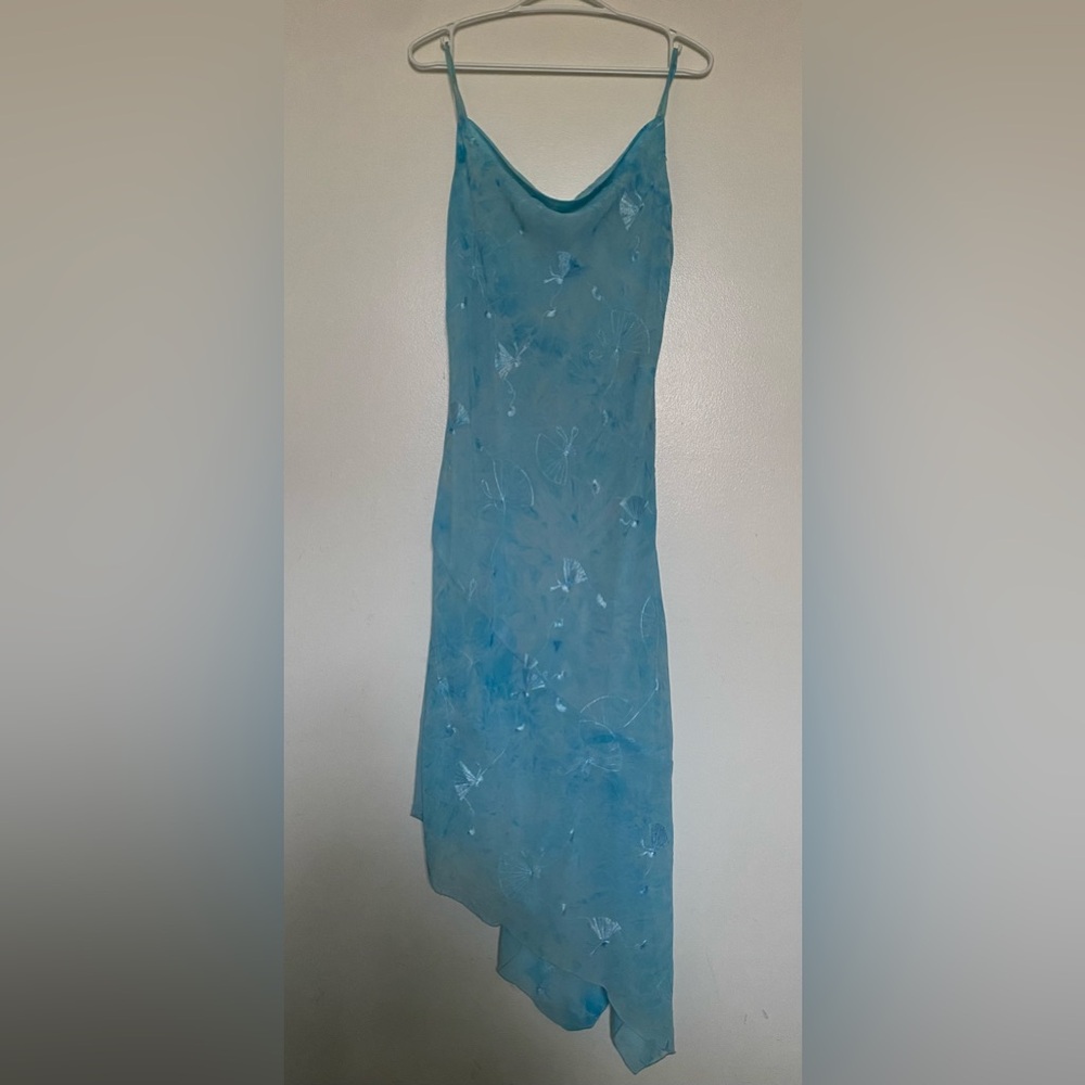 Vintage Blue Spaghetti Strap Cowl Neck Asymmetrical Dress With Flower Details